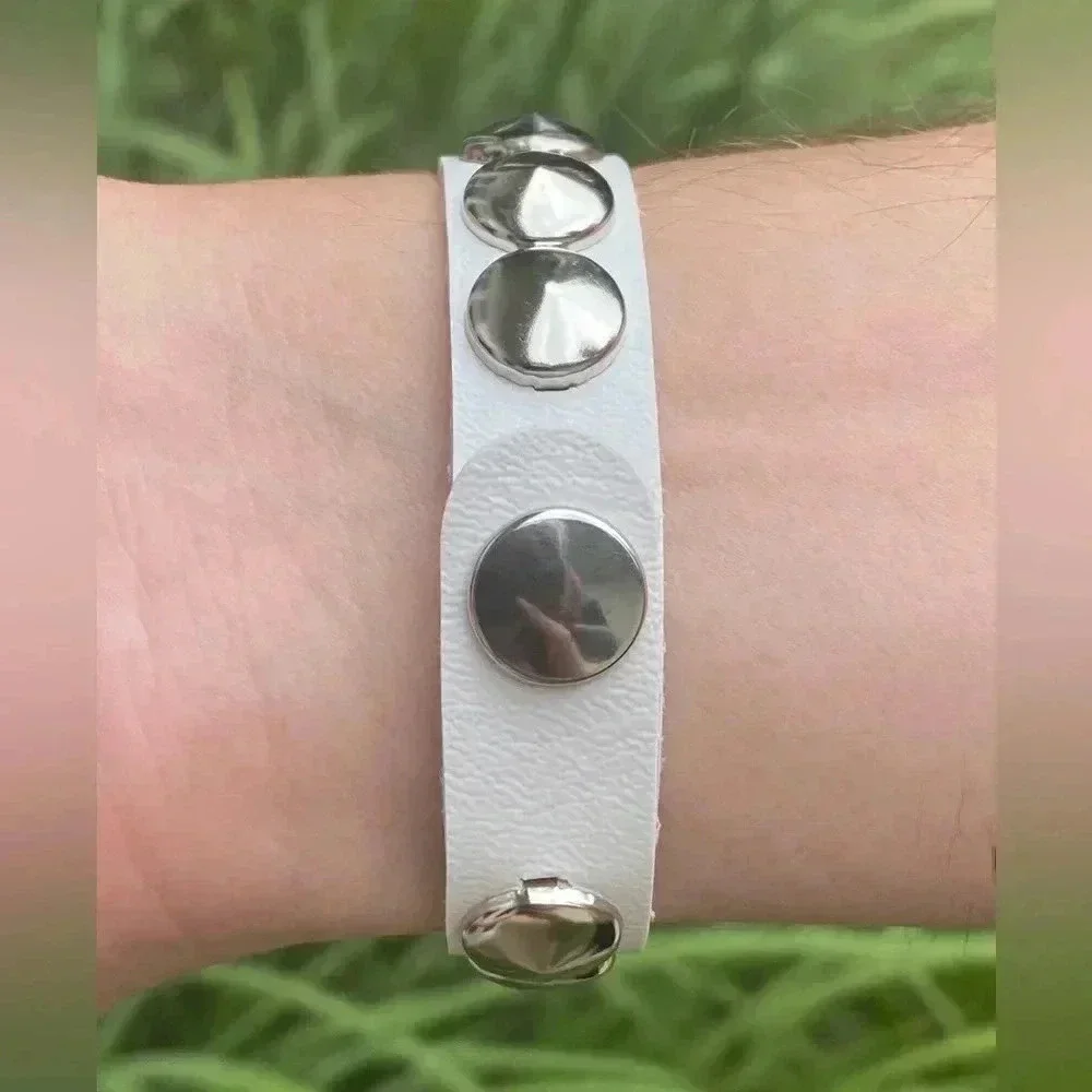 White Leather Punk Goth Rock Metal Stud Snap Cuff Bracelet NWT